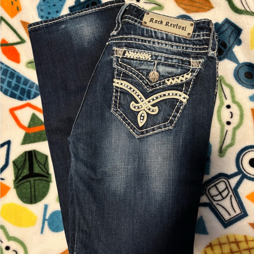 Rock Revival Dark Blue Bootcut Jeans with Embroidered Pockets